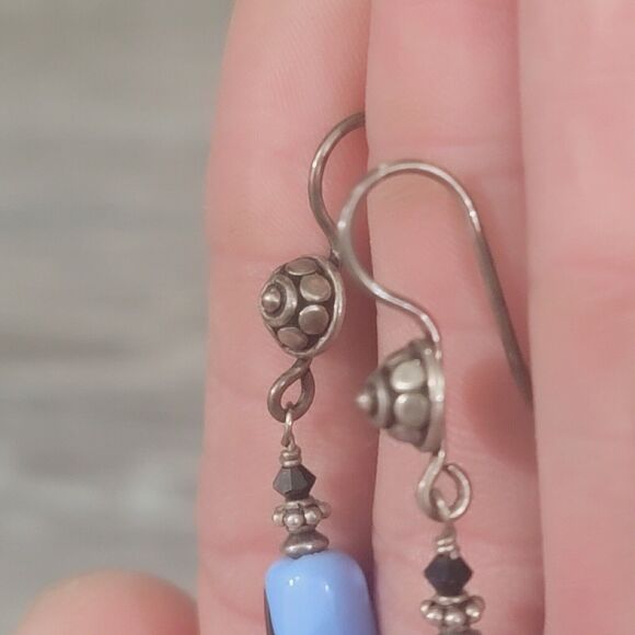 925 Sterling Silver Blue Glass 3" Dangle Earrings - Picture 4 of 7